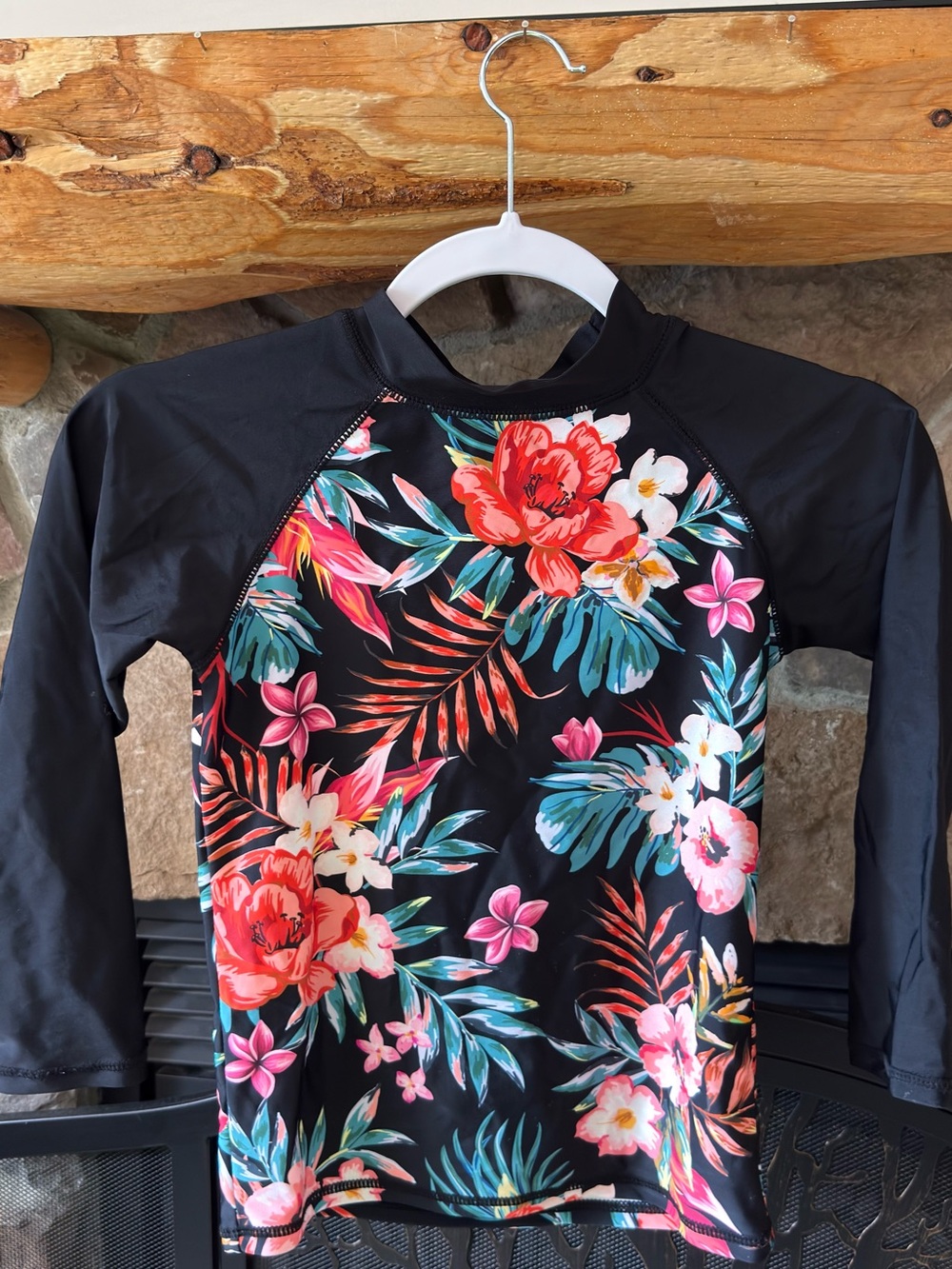 Kids Black Floral Long-Sleeve Swim Shirt / Rash Guard Shirt